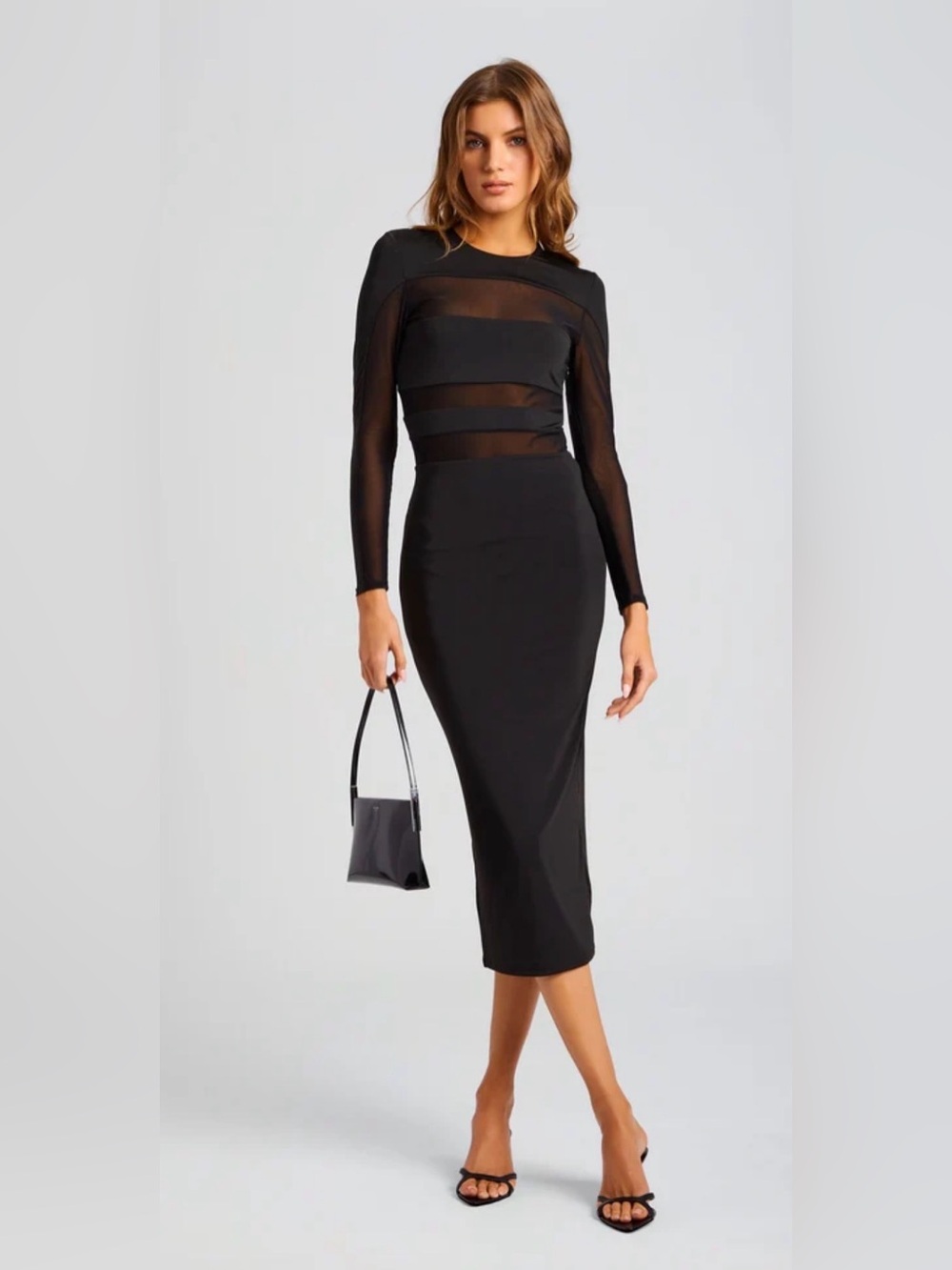NWT SER.O.YA Black Mesh Panel Long Sleeve Midi Dress L